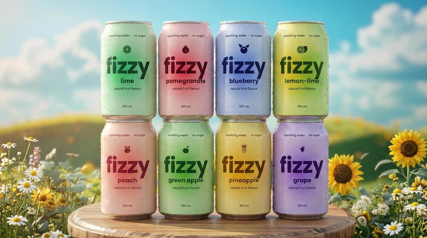 All 8 Official Fizzy Flavours in Sunny Meadow with Sunflowers
