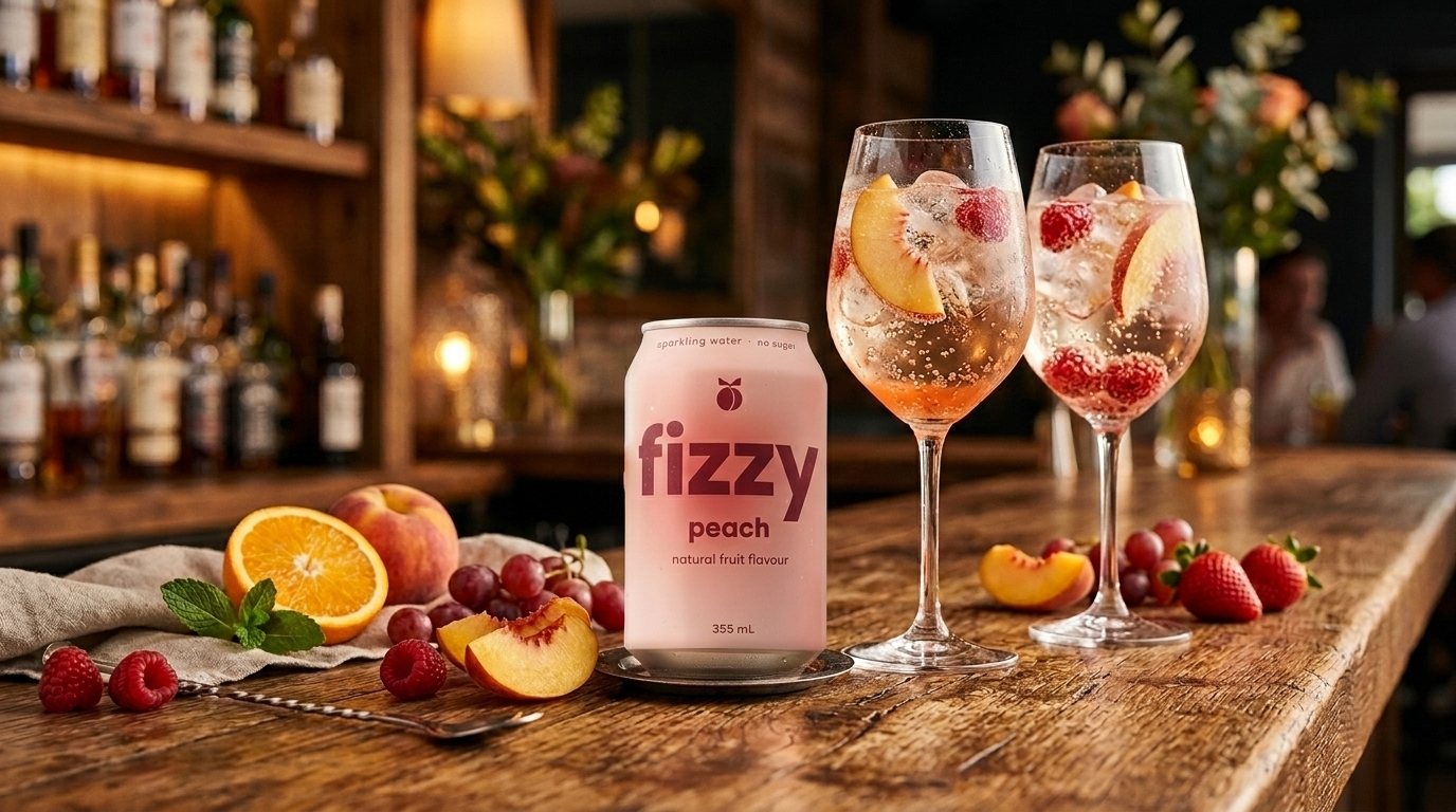 The Fizzy Peach Sparkle Sangria with Official Can and Fresh Fruit