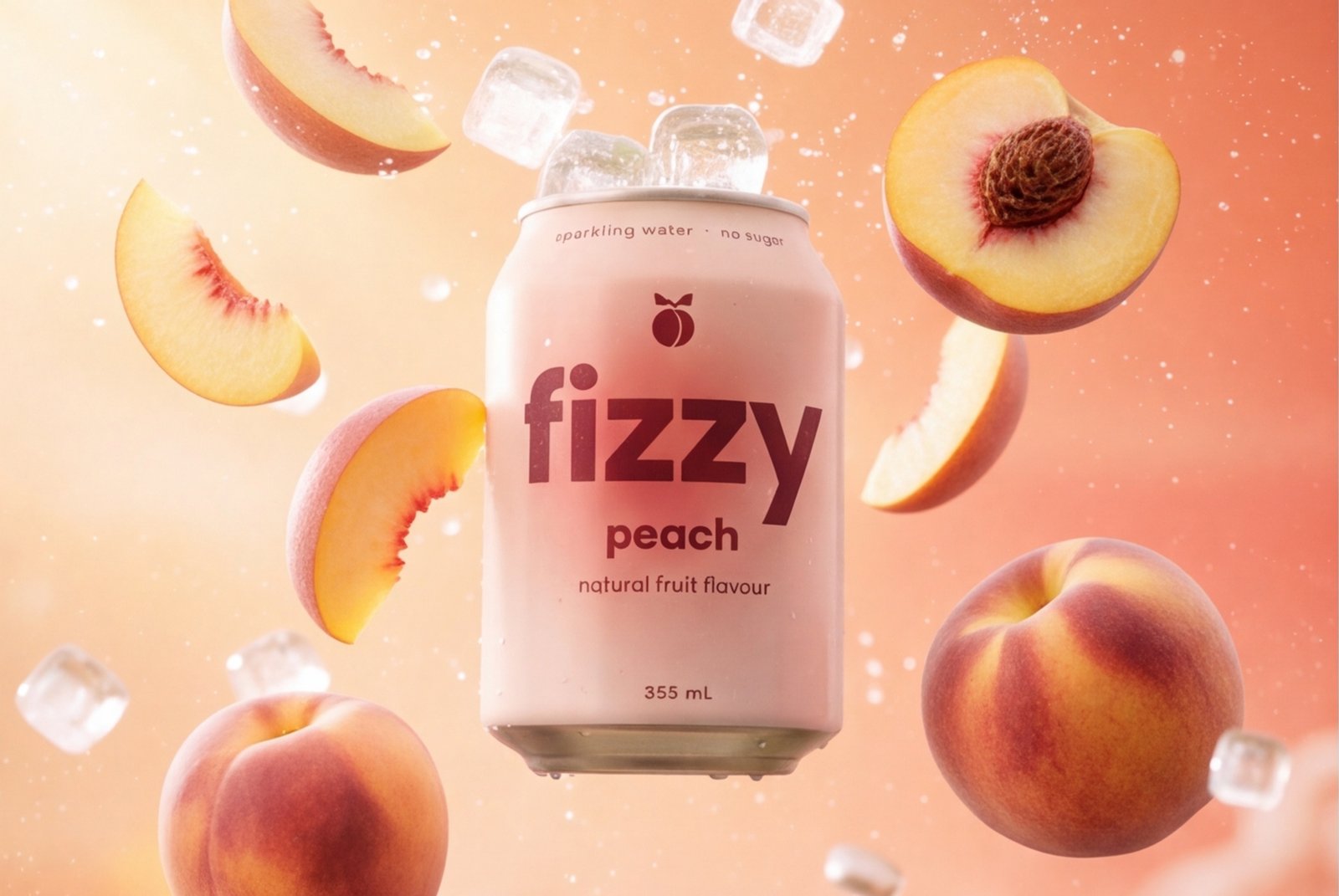 Fizzy Peach Sparkling Water Can with Fresh Peach Slices and Ice